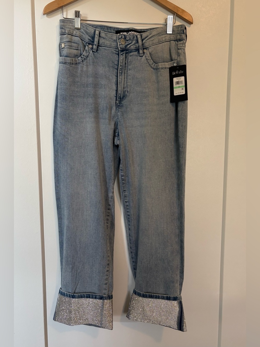 Karl Lagerfeld Light Blue Cropped Straight Jeans with Glitter Cuffed Hem